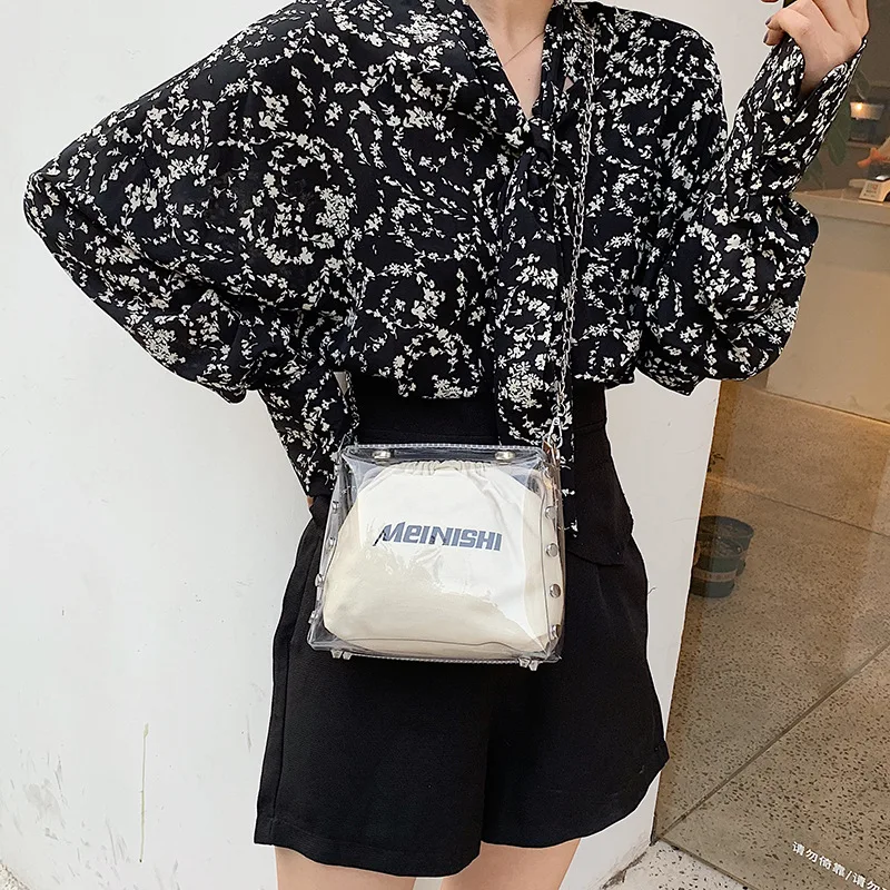 

2019 New Style Transparent Square Sling Bag Lettered Canvas Shoulder Bag Fashion Western Style Chain Crossbody Bag