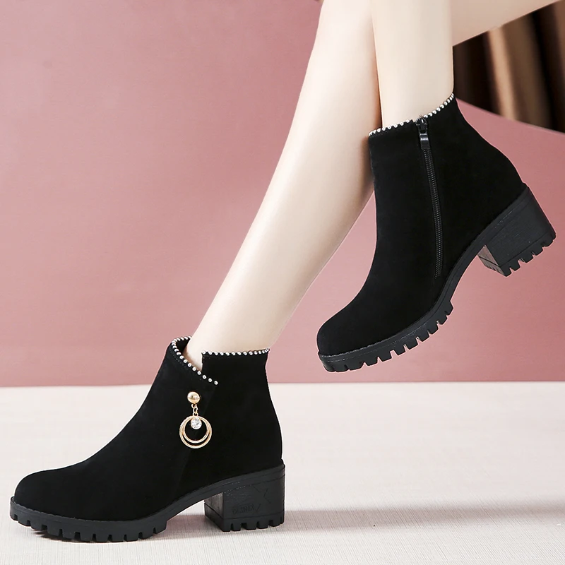 Autumn Winter Warm Women Ankle Boots Square High Heels Leather Boots Pointed Martin Boots Casual Pumps