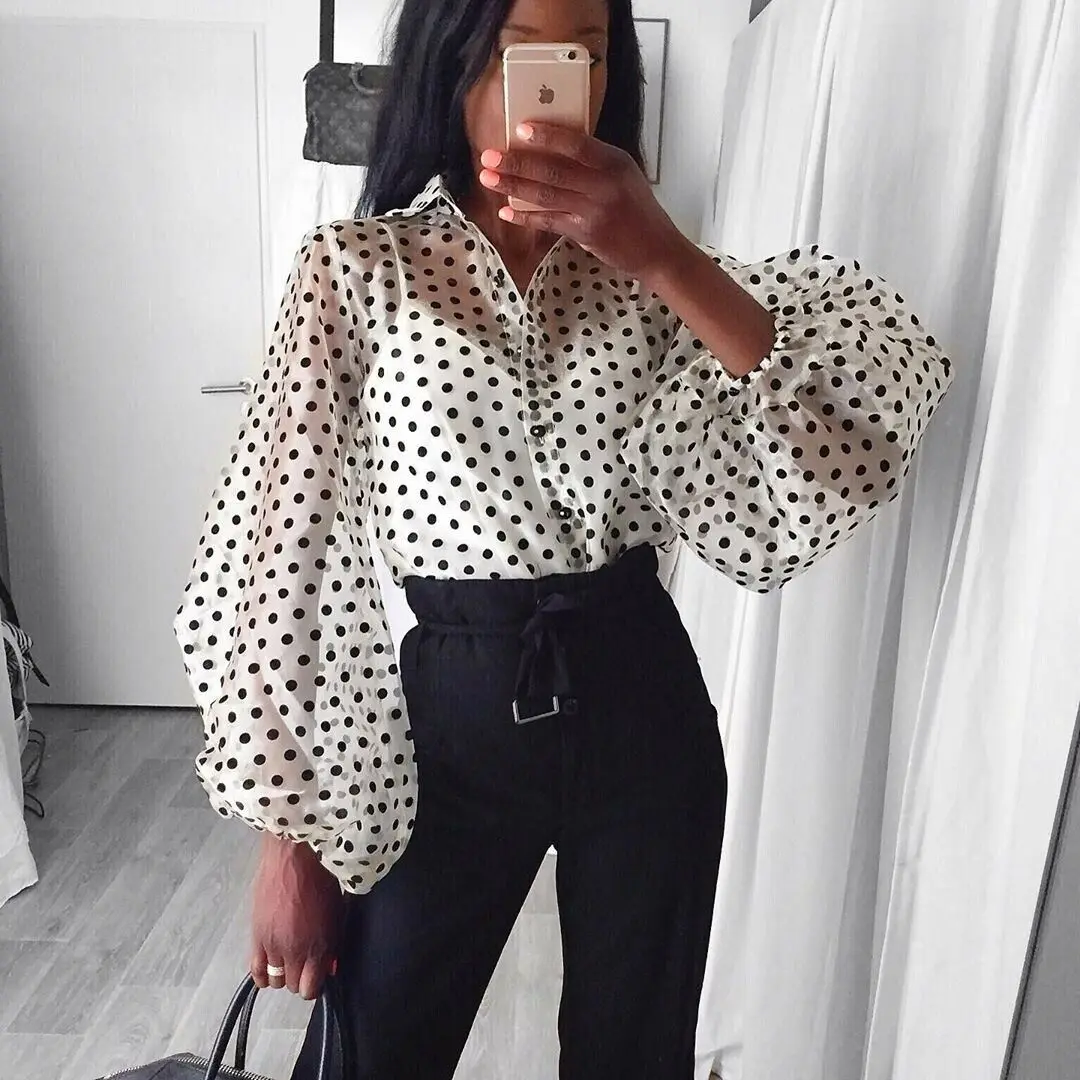 

Women Sexy Button V Neck Sheer See-through Polka Dot Long Lantern Sleeve Organza Blouse Top Blouse Shirts New