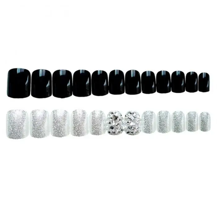 24 шт полное покрытие блестящий черный бриллиант поддельные ногти Блестящий декор сплошной цвет Съемный 3D Невеста ложный гвоздь с клеем нажмите на