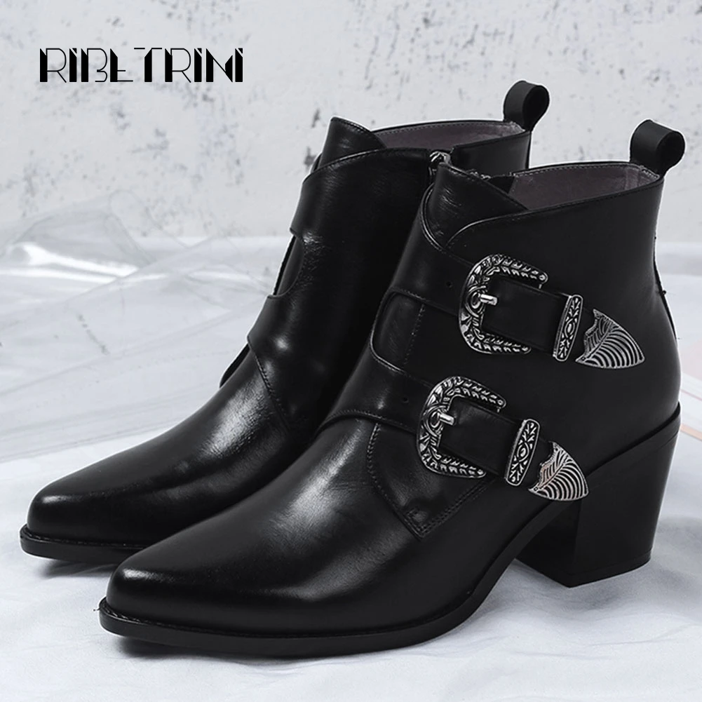 

RIBETRINI Genuine Leather Women Ankle Boots 2019 Chunky Heel Chelsea Boots Pointed Toe Double Buckle Shoes Woman Combat Boots