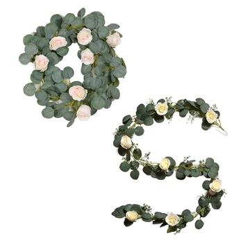 

2 Meters Eucalyptus Leaves Garland with Rose Flowers Artificial Vines Simulation Plant for Home Wedding Party Decoration