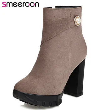 

Smeeroon 2020 newest women boots flock pearl zip elegant high heels party wedding shoes autumn winter platform ankle boots woman