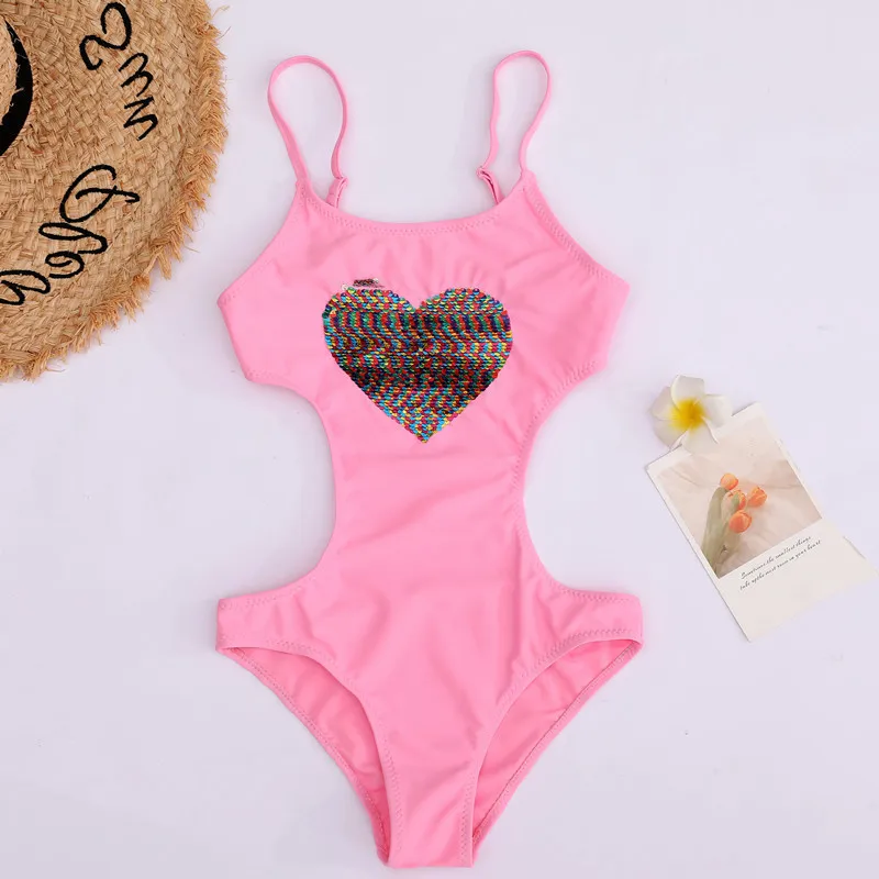 Ropa de playa con corazón de lentejuelas para niños, bañador de una pieza, Monokini, 2020