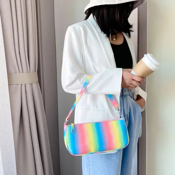 

Casual Women PU Leather Handbags Portable Rainbow Travel Shoulder Totes Bags Youth Ladies Simple Versatile Bag