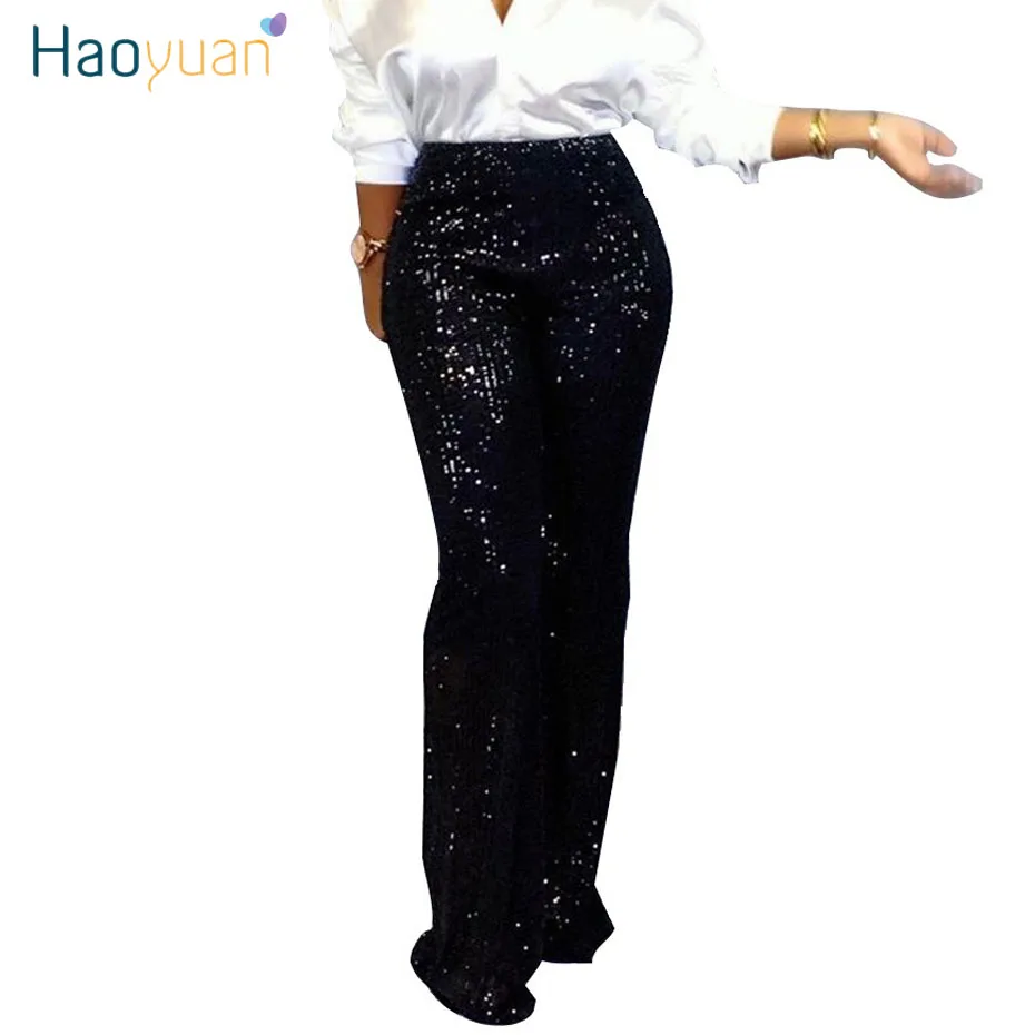 

HAOYUAN Sliver Black Sequin Pants Women Rave Festival Fashion Trousers Autumn Casual Club Outfits High Waist Wide Leg Pants