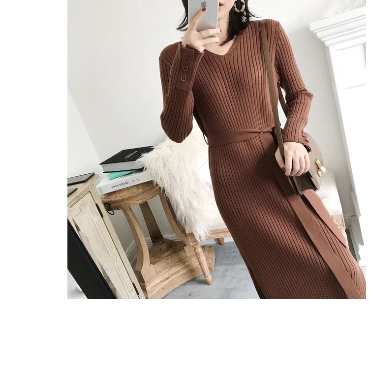 Semfri платье Женский Длинный свитер платье зима фонарь рукав бодикон vestidos высокое качество o-образным вырезом пояс вязаные платья