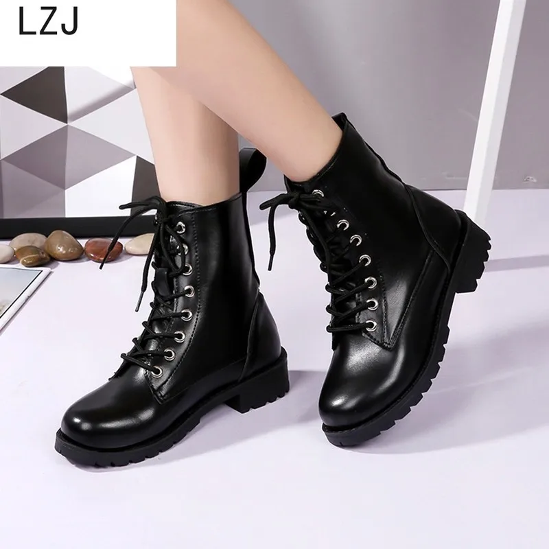 Botas de piel sintética con cordones para mujer, zapatos de punta redonda,  para invierno - AliExpress Calzado