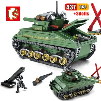 

SEMBO 437pcs WW2 US M4 Military Tanks Building Blocks Army Soldier Weapon Educational Bricks kit Construction Toys For Children