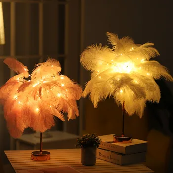 

Natural Ostrich Feather Night Light Battery And USB Powered Bedroom Living Room Home Decoration LED Table Lamp Birthday Present