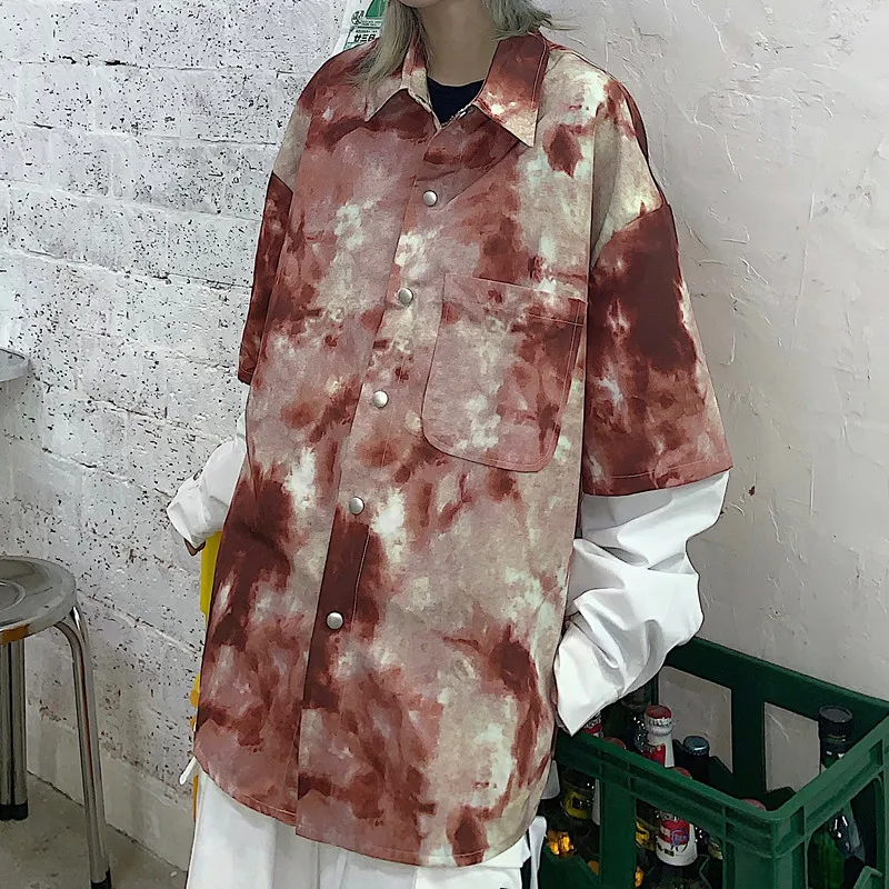 Tie Dye, Женская длинная блуза большого размера,, женская, поддельная, из двух частей, в стиле пэчворк, свободная, хип-хоп, рубашка с отворотом,, BF, с карманом, Ullzang, Мужской Топ