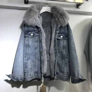 

Winter Thicken Removable Rabbit Fur Liner Big Fur Collar Women Denim Jacket Loose Warm Parka Female Jean Outwear Chaqueta Mujer