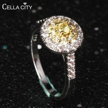 

Cellacity Round Silver 925 Jewelry AAA Zircon Ring for Women Yellow Gemstones Elegant Female Wedding Rings Temperament Gifts
