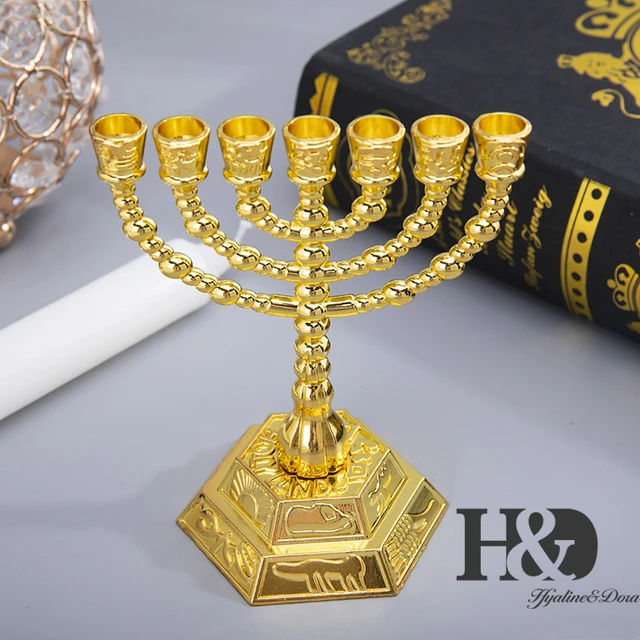 Gold Jerusalem Menorah, Decorative Judaica Candle Holder 7 Branch Shalom  Israel Menorah Jewish Festival 10.8 High