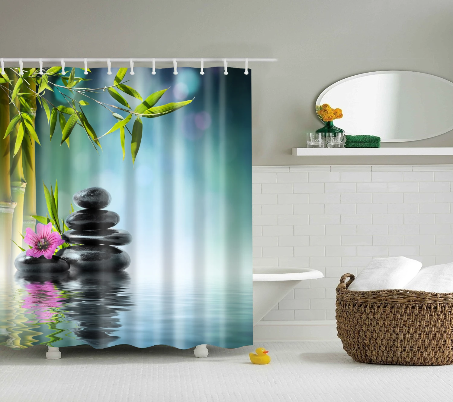 Waterproof Polyester Fabric Landscape Bamboo & Hooks Bathroom Shower Curtain 