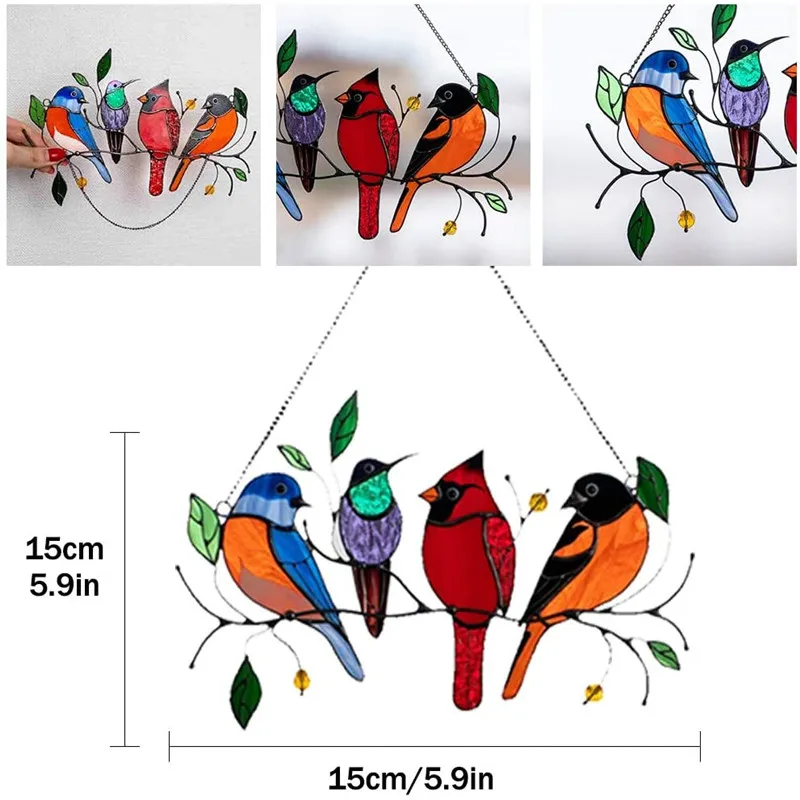 Mini Vitrail Suspendu au Mur en Acrylique, Décor d'Oiseaux Colorés, Accessoires de Chambre, Décor Scandinave