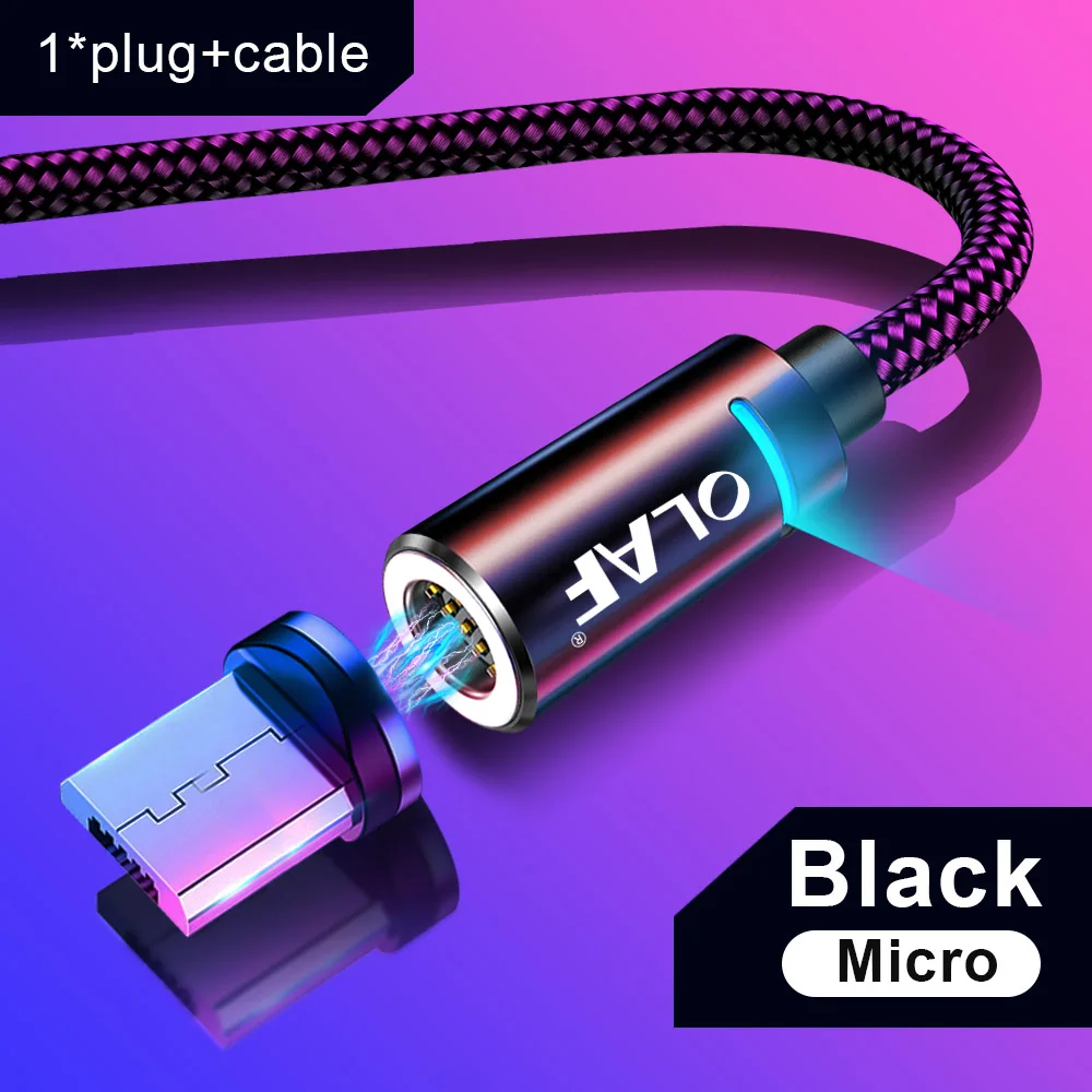 Олаф 2 м Магнитный кабель Micro usb type C для iPhone кабель освещения 1 м 3A провод для быстрого заряда type-C Магнитный кабель для зарядки телефона - Цвет: Black Micro usb