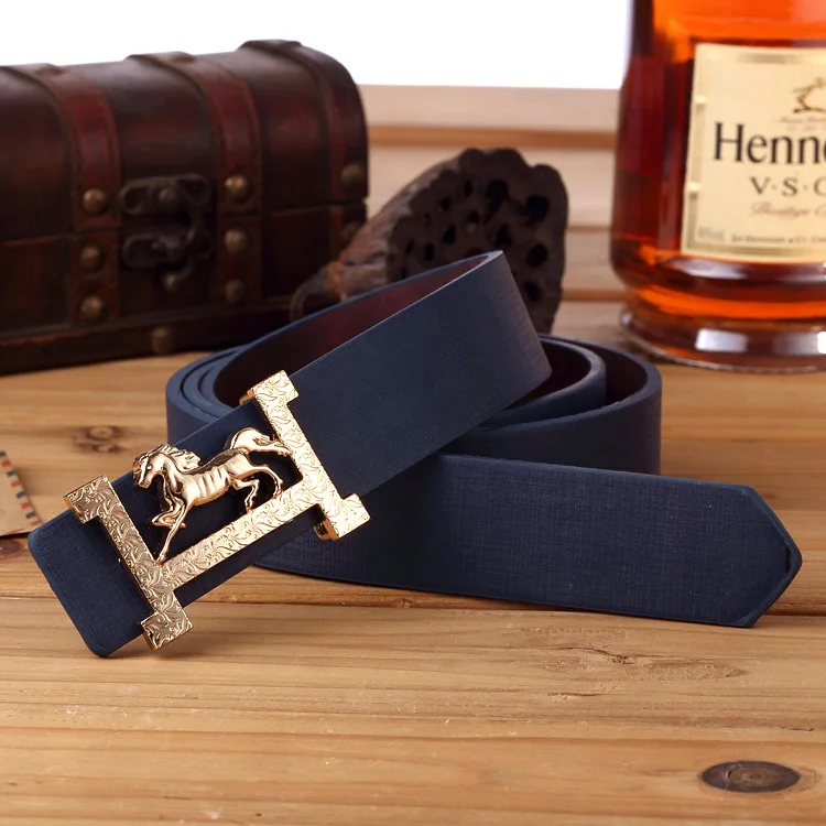 Brand Designer Belt For Men Gold Buckle Belt Luxury Horse Smooth Buckle Strap Belt For Men and Women Waistband - Цвет: Blue