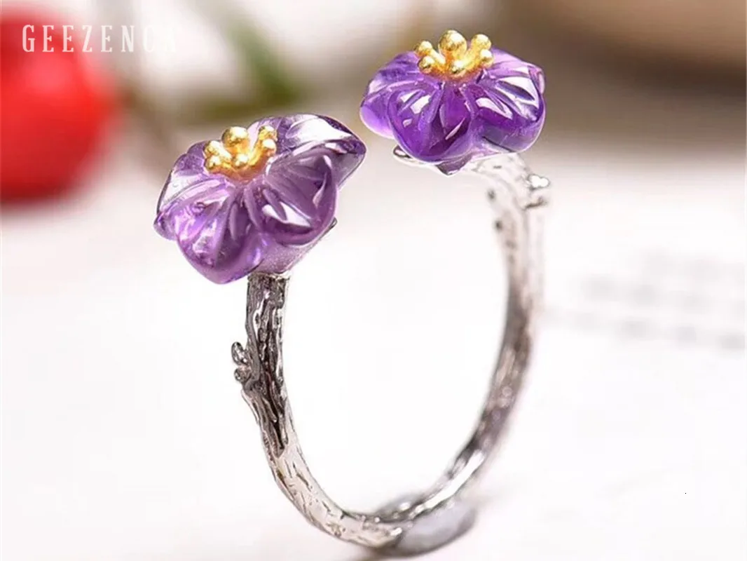 925 пробы, серебряное, натуральное, аметистовое, сливовый цветок, Открытое кольцо, цветной драгоценный камень, ручная работа, модное кольцо для женщин, хорошее ювелирное изделие, вечерние