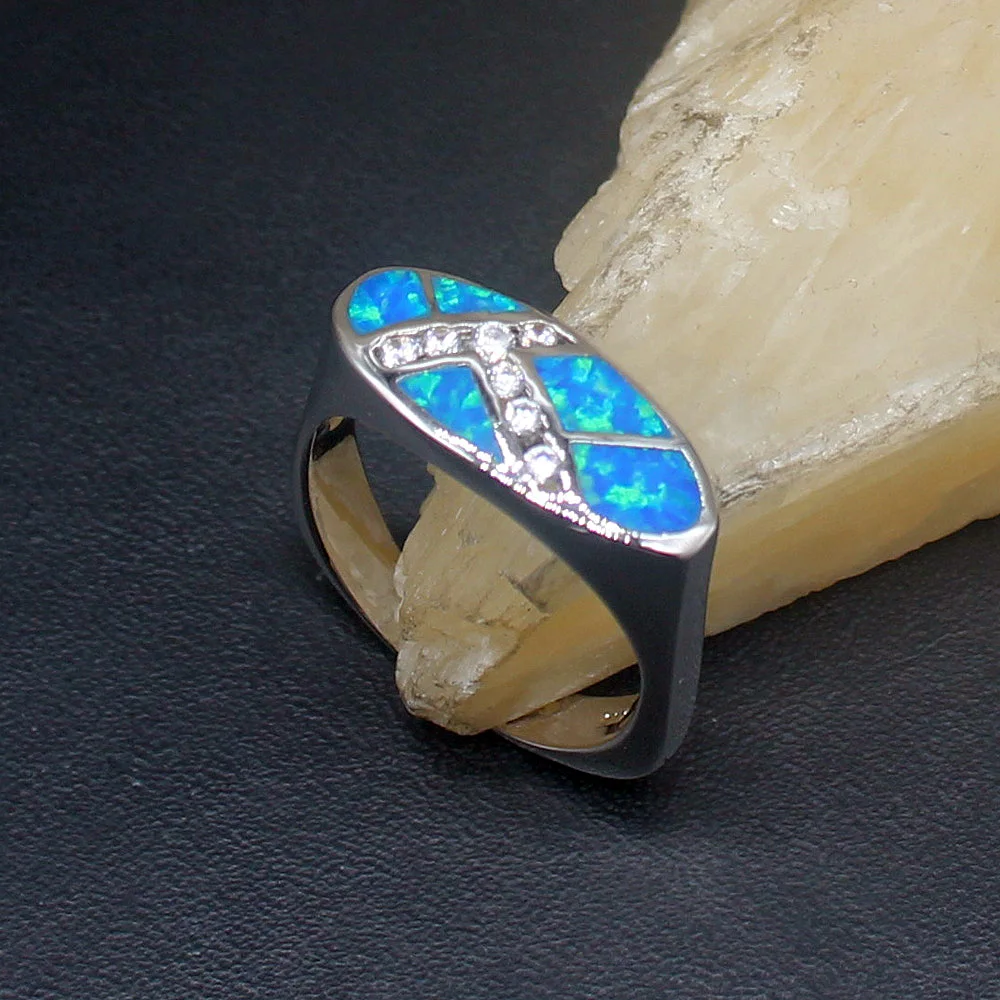 

Gemstonefactory Jewelry Big Promotion Single Unique 925 Silver Cubic Zirconia Blue Opal Women Gifts Band Rings 8.5# 20214428