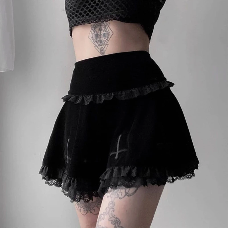 Женская винтажная мини-юбка Goth черная трапециевидная юбка с кружевной отделкой