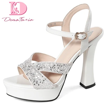

Dora Tasia 2020 New Design Bling Genuine Leather Women Pumps Strange Style Heels Platform Sandals Summer Party Lady Woman Shoes