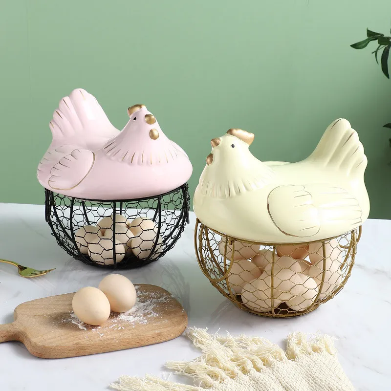 

Creative Cute Chicken Style Storage Basket With Ceramics Cover Portable Kitchen Iron Decorative Egg Food Storage Basket ZH348