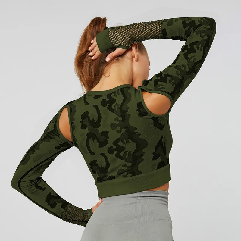 Tanie Colorvalue Camo bez szwu sportowe siłownia joga Crop Tops kobiety oddychająca Mesh Fitness szkolenia sportowe upraw koszule z otworami na kciuk