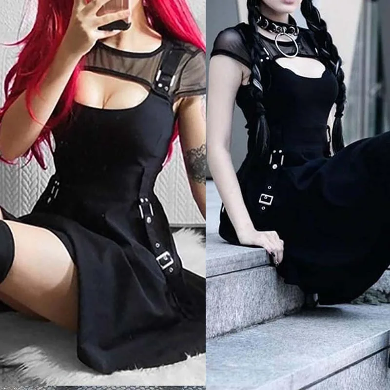 Женское черное готическое платье Harajuku, готическое, для девушек, сексуальное, полое, мини-платье, темно-гранж, уличная одежда, женская одежда, Прямая поставка