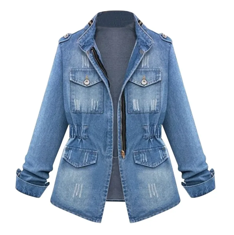 Blue Женские повседневные джинсовые куртки кардиган на молнии Casaco Feminino пальто с карманами Топ уличная тонкая джинсовая куртка с эластичной резинкой на талии - Цвет: Blue