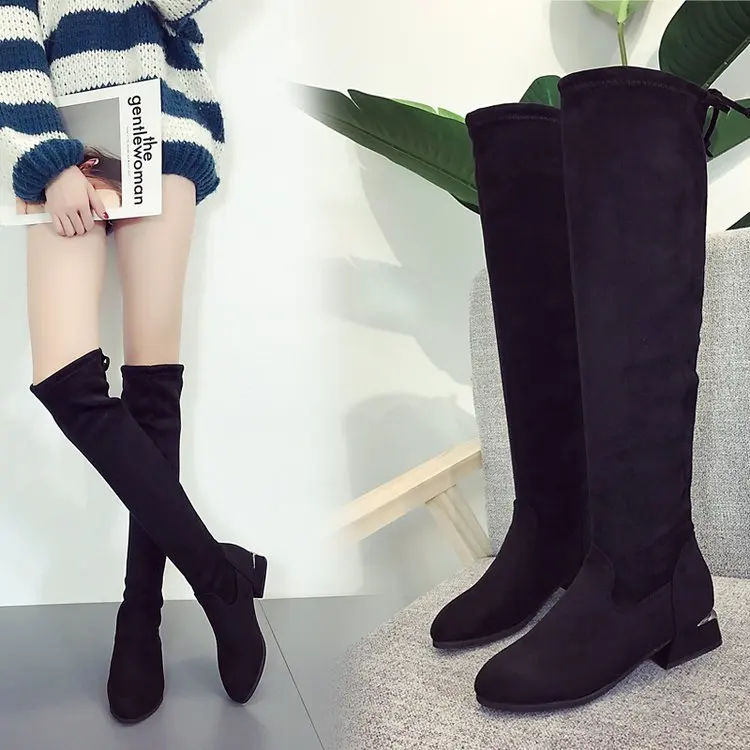 Brand Bright Metal Low Heel Black Thigh High Boots Women Slim Over The Knee Boots Women Winter Short Plush Long Booties Ladies