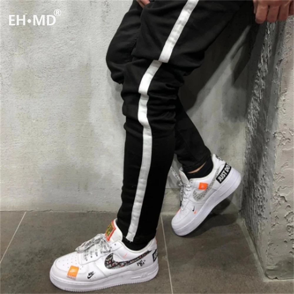 EH-MD®Джинсы с бусинами, мужские повседневные брюки, мягкая ткань, большой карман, одноцветные, модные, тонкие, новинка, трендовые, брендовые, черные