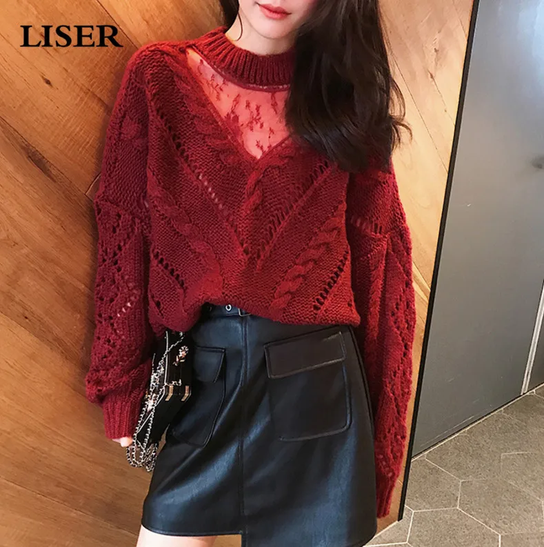 Sweater Women Sexy Lace Tops Knitted Sweater Korean Clothes 2019 Autumn Winter Clothes Women Pullover Sweater Top Women