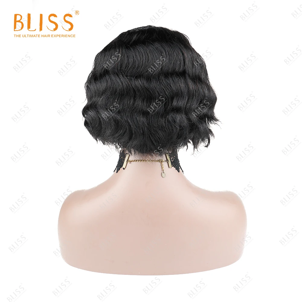 Onda do Corpo Peruca de Cabelo Humano com Franja Bliss Perucas Pixie Corte Glueless Curto Bob Ondulado Brasileira 180% Densidade Totalmente Máquina Feita 7 Cheap Perucas à máq.