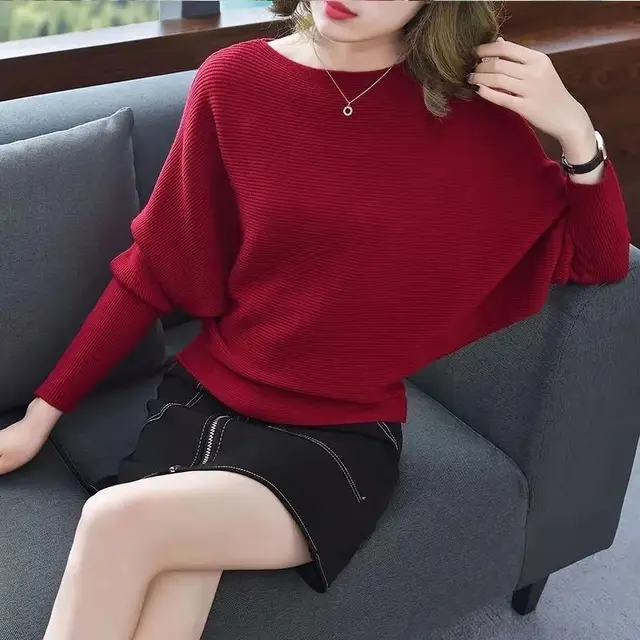 26 Colors Autumn Outstreet High Stretch Knitwear Wide Collar Pullover Knits Women Knitted Long Batwing Sleeves Loose Sweater 2