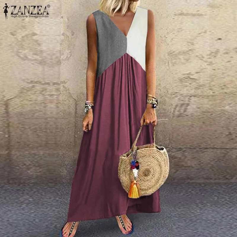 ZANZEA Plsu Size Women Long Maxi Dress Vintage Patchwork Summer Sundress Casual Loose Pockets Beach Robe Femme Sleeveless Dress