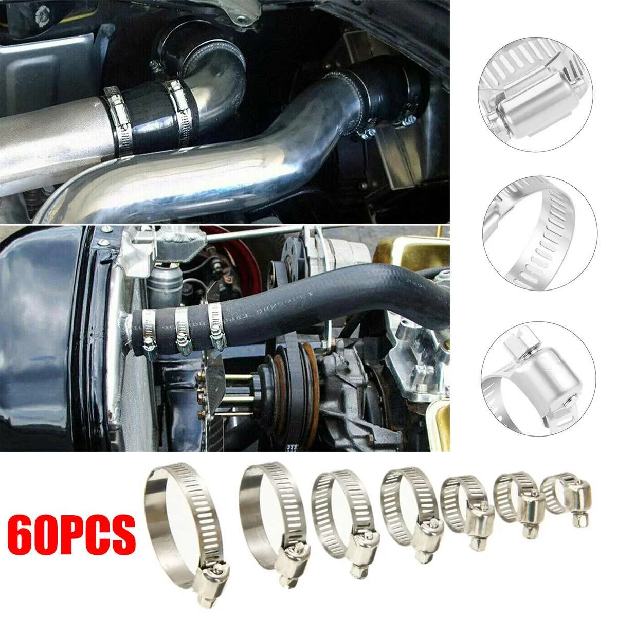 

8mm-38mm Multi Size Stainless Steel Hoop Clamp Hose Clamp Stainless Steel Set automotive pipes clip Fixed tool 60 PCS/Box