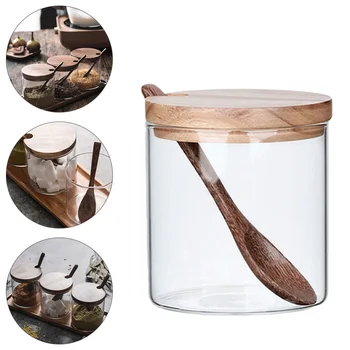 

2 Pcs Household Glass Seasoning Bottles Soy Jars with Spoon and Wood Lid