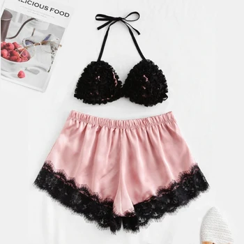 

ADULOTY Frill Detail Halter Triangle Bra Lingerie And Satin Shorts PJ Set Sexy Underwear Women Sleepwear Ladies Pajama Set