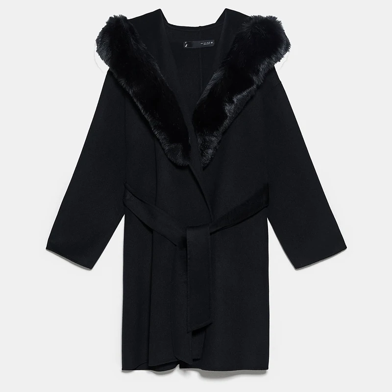 ZA осеннее и зимнее новое шерстяное пальто женская теплая Длинная черная парка с меховым воротником и поясом Женская одежда - Цвет: 1