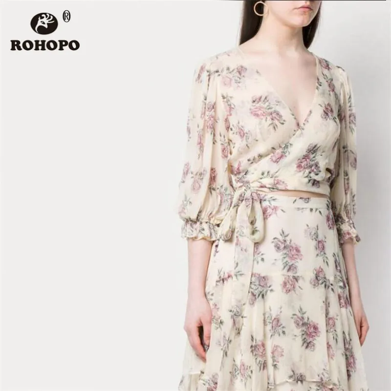 

ROHOPO Butterfly Long Sleeve Red Rose Floral Wrap Fly Bow Belted Chiffon Blouse Beige Elegant Holiday Beach Ladies Shirt #9111