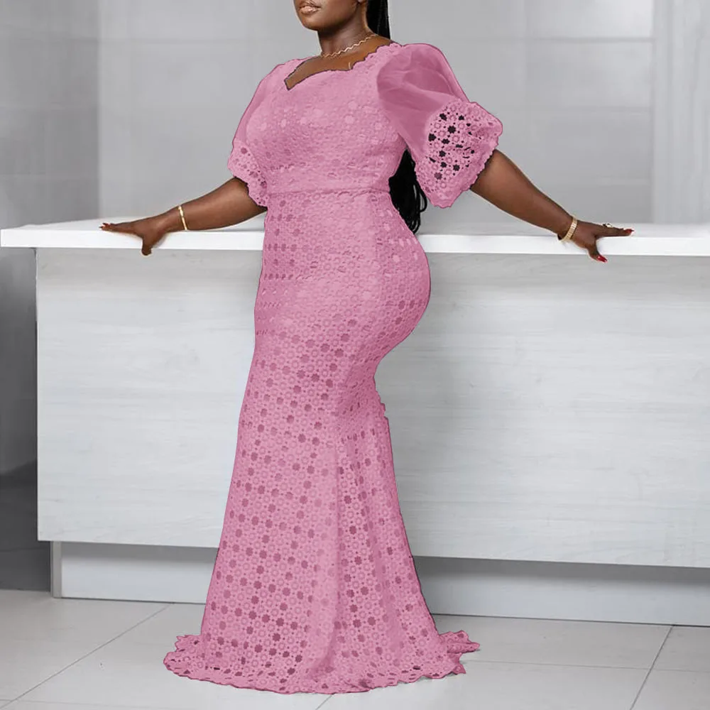 Pink Lace Plus Size Party Dress Women Summer 2021 Elegant Wedding Big Sizes Bodycon Long Dresses 4xl 5xl African Chic Maxi Robes