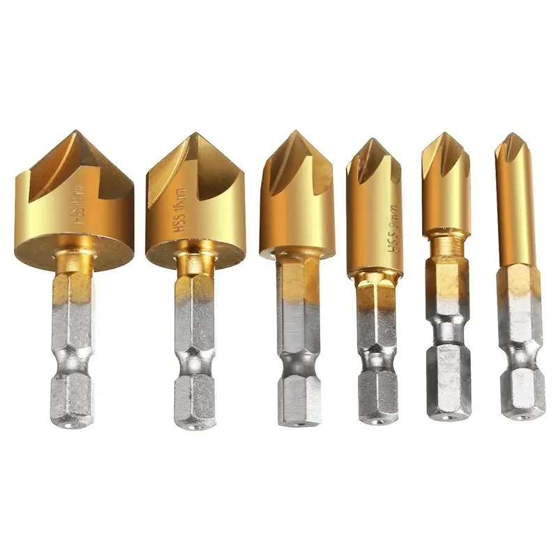 

6 x 5 Flute 90degree 1/4inch Hex HSS Countersink Drill Bit Set Chamfer Cutter 6-19