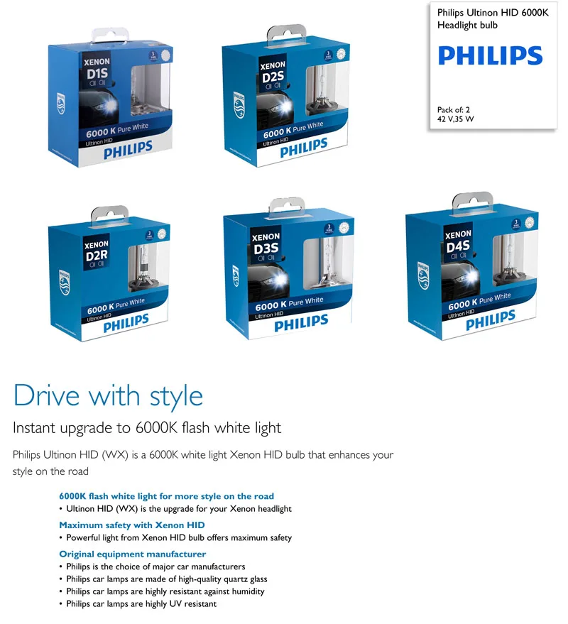 Philips HID 6000K D1S D2S D2R D3S D4S Ultinon холодный синий ксеноновый белый светильник, автомобильный обновленный головной светильник, лампочки, вспышка, быстрый запуск, пара