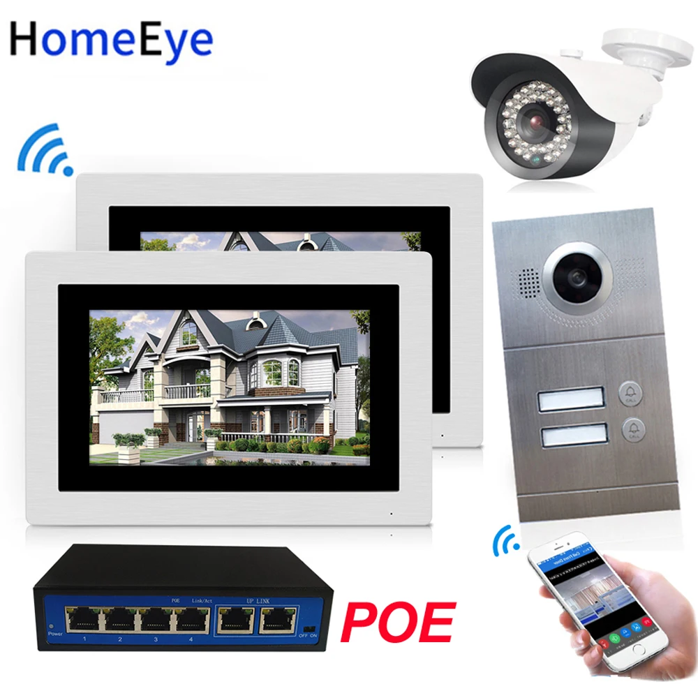 720P WiFi IP Video Door Phone Video Intercom 2-Apartments Door Access Control System iOS/Android APP Remote Unlock POE/IP Camera