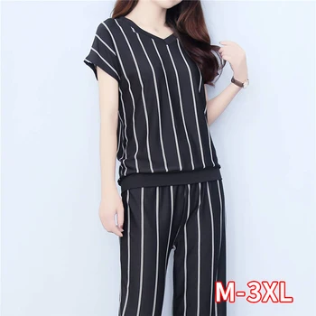 

Wide-leg Pants Suit Women Summer Fashion New Temperament Mother Dress Striped Summer Casual Two-piece Suit Was Thin 2020