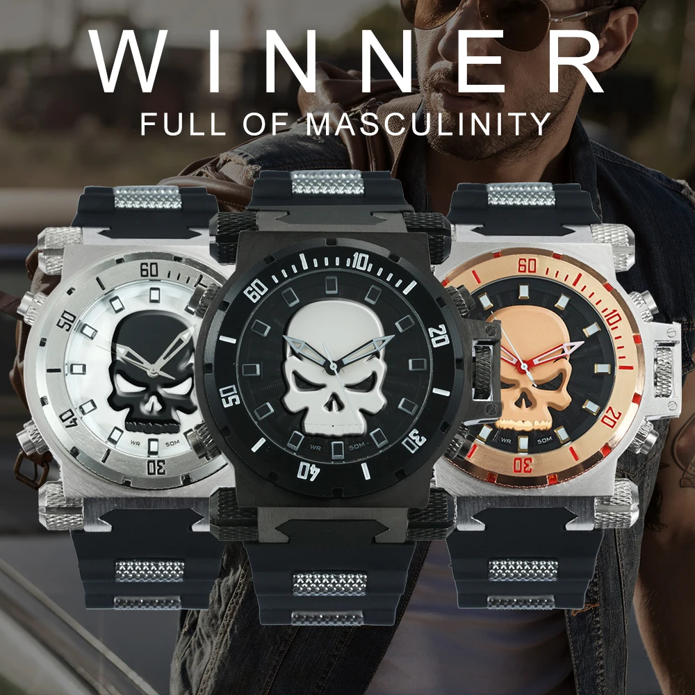 Победитель официальный роскошные мужские модные кварцевые часы для мужчин негабаритных стимпанк череп часы с резиновым ремешком спортивные военные наручные часы