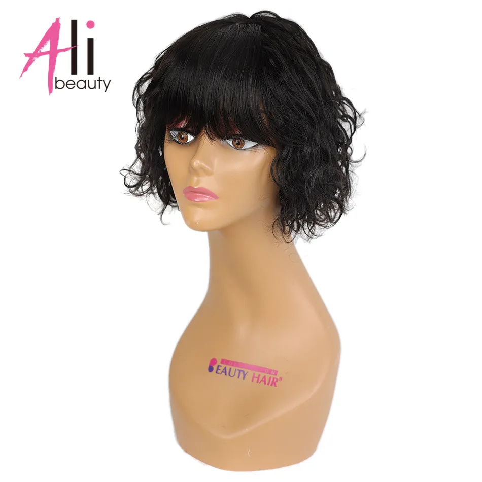 Curly Human Hair Wig with Bangs 100% Natural Brazilian Remy Kinky Curly Short Bobo Human Hair Wig