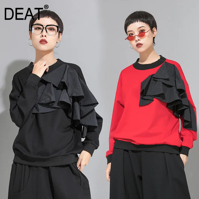 

[DEAT] Streetwear Temperament Ruffles Patchwork Long Sleeve Loose Plus Size Women T Shirt 2019 Autumn New Female Clothes AI939