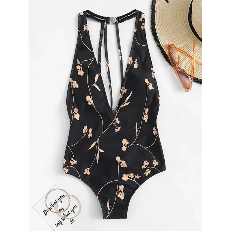 2020 New Sexy Black Floral Swimsuit Women Deep V Swimwear Strappy Back Monokini S-L Girl Backless Bathing Suit One Piece Suit